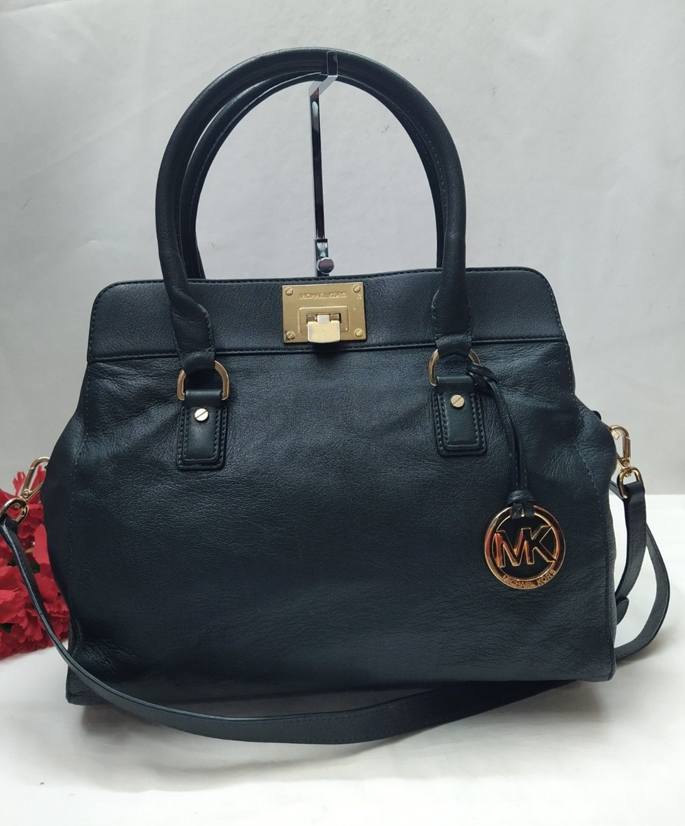 Michael Kors Dark Green Leather Pushlock Double Handles Satchel Bag